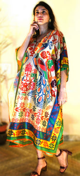 Yellow and orange checkered print silk blend kaftan